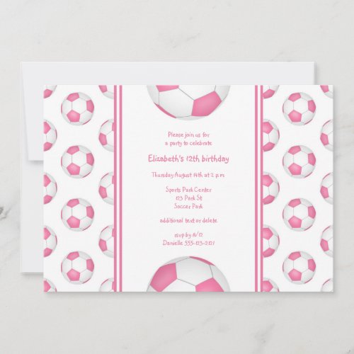 pink white girls soccer birthday or team party invitation
