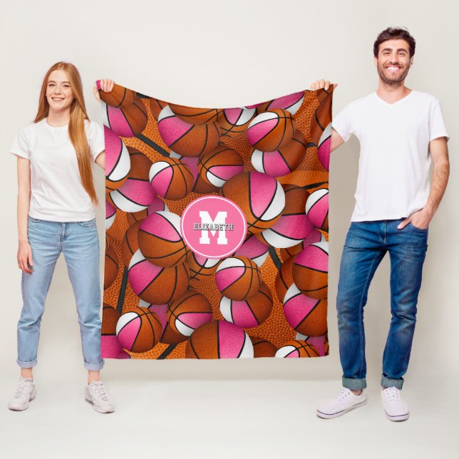 pink white girly basketballs monogrammed fleece blanket (In Situ)