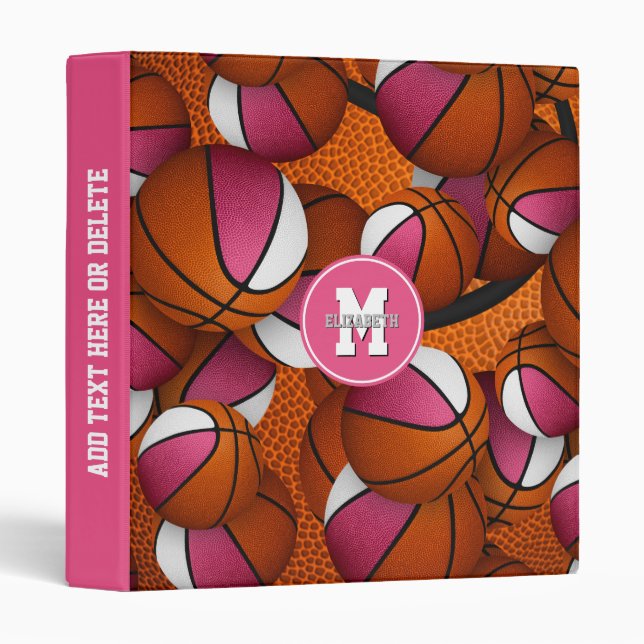 pink white girly basketballs pattern monogrammed 3 ring binder (Front/Spine)
