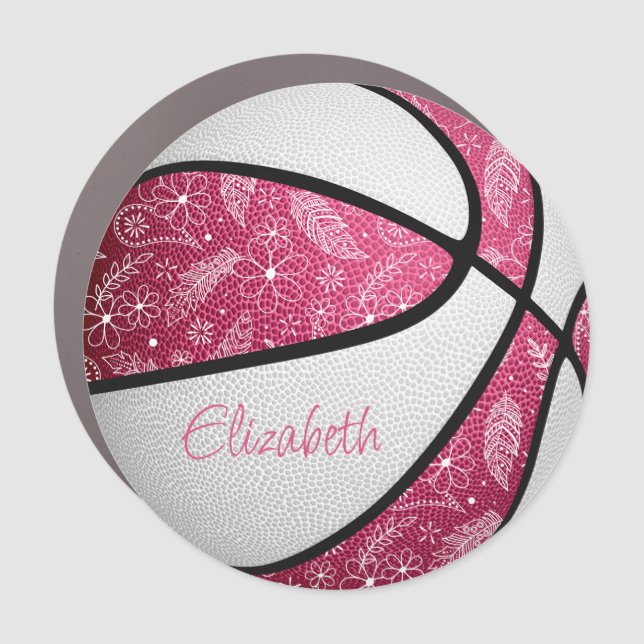 pink white girly floral doodles pattern basketball car magnet (Front)
