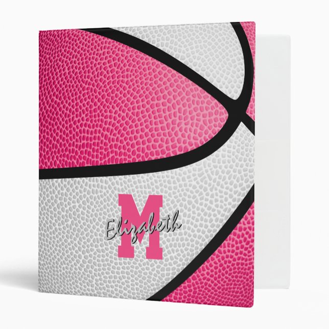 pink white girly monogrammed basketball 3 ring binder (Front/Inside)