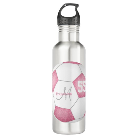 pink white girly soccer name jersey number stainless steel water bottle