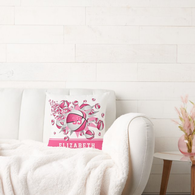 pink white girly sports decor basketball blowout throw pillow (Couch)