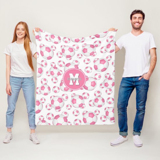 pink white girly sports soccer balls pattern fleece blanket