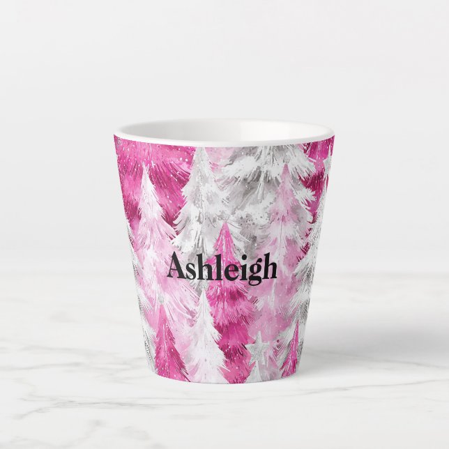 Pink White Glam Christmas Trees Latte Mug (Front)