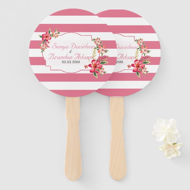 Pink White Glitter Frame And Stripes Hand Fan (Front and Back)