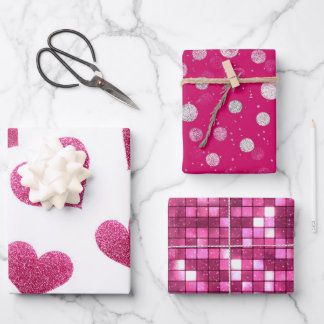 Pink White Glitter Heart Checkered Wrapping Paper Sheets
