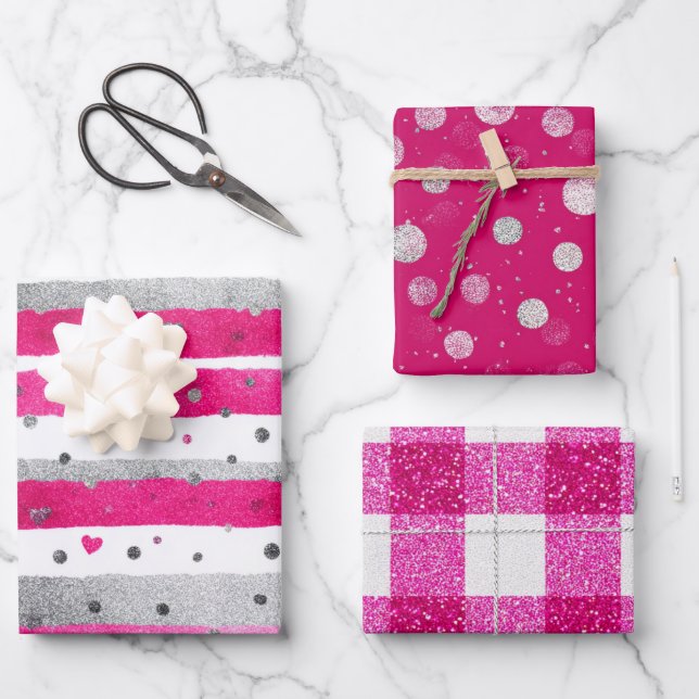 Pink White Glitter Heart Checkered  Wrapping Paper Sheets (Front)