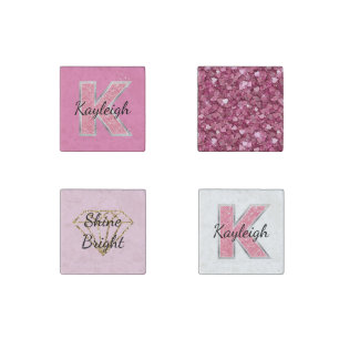 Pink White Glitter letter K Stone Magnet