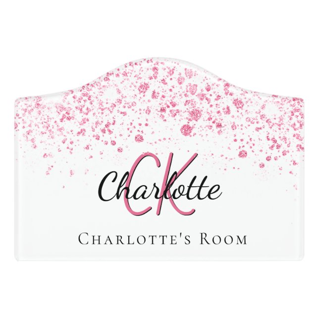 Pink white glitter name monogram initials door sign (Small Crest Front)