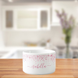 Pink White glitter name script Bowl