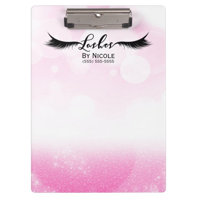 Pink White Glitter Sparkle Lashes Personalized Clipboard (Front)