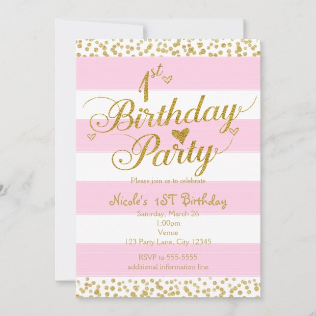 Pink White & Gold 1st BIRTHDAY PARTY Invitations (Front)