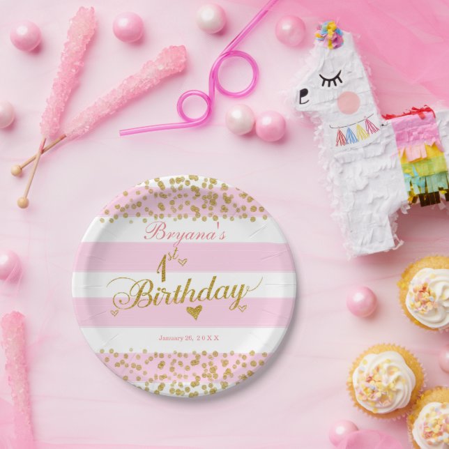 Pink & Gold 1st Birthday Paper Plates - Pack Of 8, 9 Inch Party Plates For Celebrations