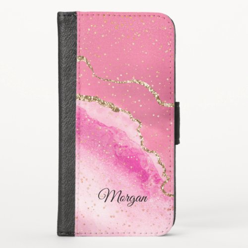 Pink White Gold Agate  Gold Stars DIY Name Black iPhone X Wallet Case