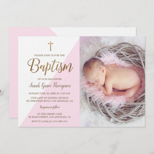 Pink White Gold Baptism baby girl photo Invitation
