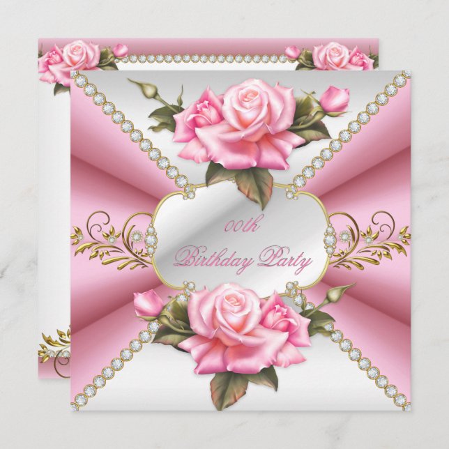 Pink White Gold Beautiful Birthday Party Invitation (Front/Back)
