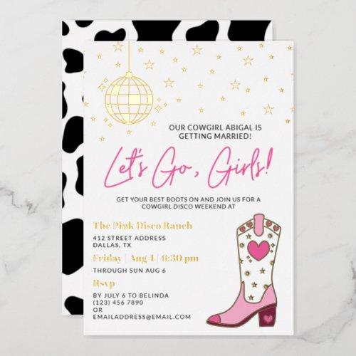 Pink White Gold Cowgirl Disco Bachelorette Foil Invitation