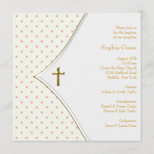 Pink White Gold Cross Baby Girl Christening Invitation