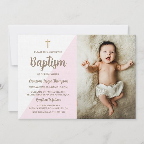 Pink White Gold Cross Baptism baby Girl photo Invitation