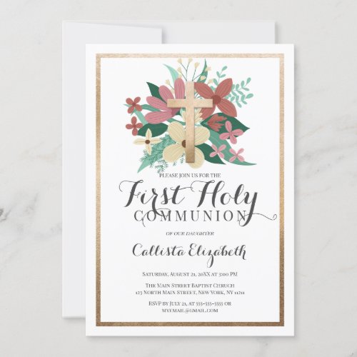 Pink White Gold Cross Border Floral Communion Invitation