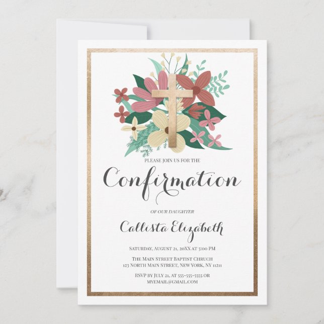 Pink White Gold Cross Border Floral Confirmation Invitation (Front)
