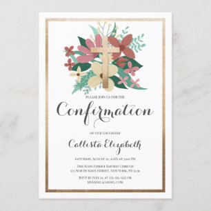 Pink White Gold Cross Border Floral Confirmation Invitation
