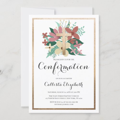 Pink White Gold Cross Border Floral Confirmation Invitation