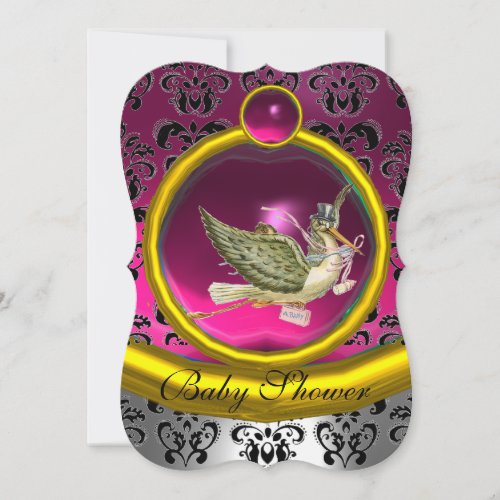 PINK WHITE GOLD DAMASK STORK BABY SHOWER MONOGRAM INVITATION