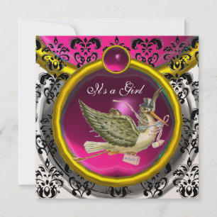 PINK WHITE GOLD DAMASK STORK BABY SHOWER MONOGRAM INVITATION