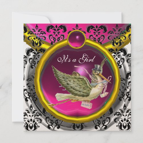 PINK WHITE GOLD DAMASK STORK BABY SHOWER MONOGRAM INVITATION