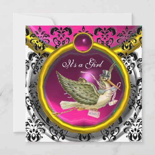 PINK WHITE GOLD DAMASK STORK BABY SHOWER MONOGRAM INVITATION