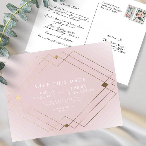 Pink White Gold Deco Lines Save The Date Wedding  Postcard