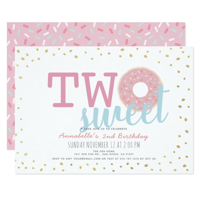 Pink White Gold Donut Two Sweet Girl 2nd Birthday Invitation