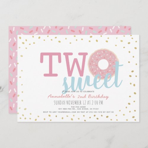 Pink White Gold Donut Two Sweet Girl 2nd Birthday Invitation