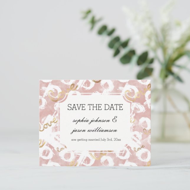 Pink White Gold Love XO wedding save the date (Standing Front)