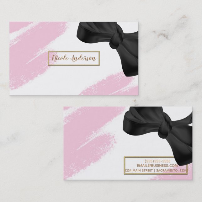 Pink White Gold Modern Minimal Pink Brush & Bow Business Card (Front/Back)