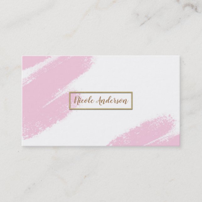 Pink White & Gold Modern Minimal Pink Brush Business Card (Front)
