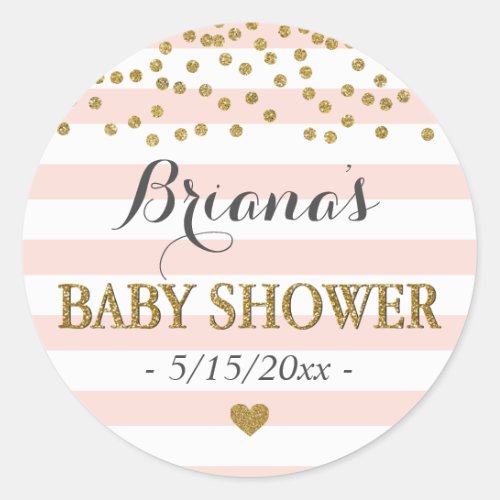 Pink White Gold Stripe Confetti Baby Girl Shower Classic Round Sticker