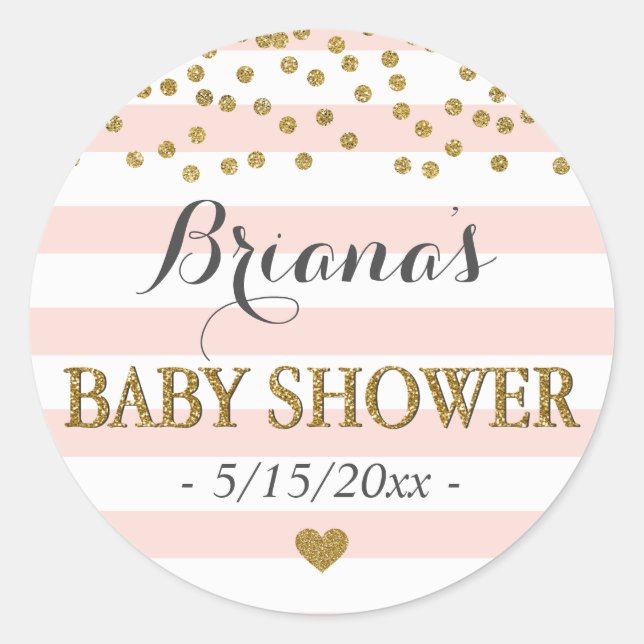 Pink White Gold Stripe Confetti Baby Girl Shower Classic Round Sticker (Front)
