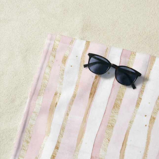 Pink White Gold Stripes Beach Towel (In Situ)