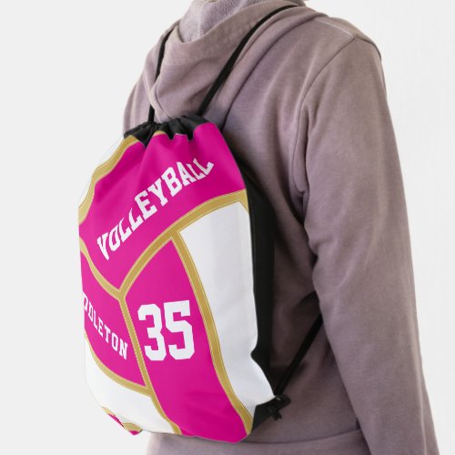 Pink White  Gold Volleyball Drawstring Bag
