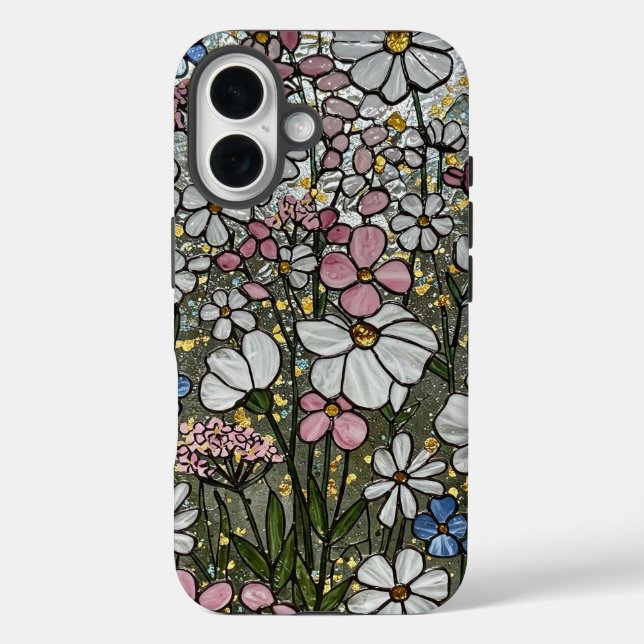 Pink White Gold Wildflowers Stained Glass Effect Case-Mate iPhone Case (Back)