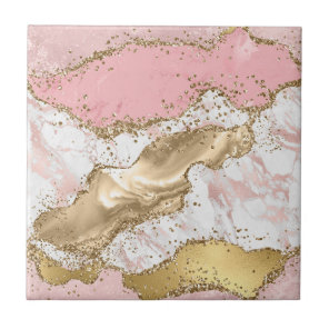 Pink White Golden Mauve Glitter Marbled Agate Ceramic Tile