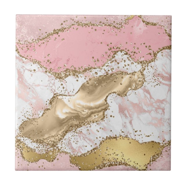 Pink White Golden Mauve Glitter Marbled Agate Ceramic Tile (Front)