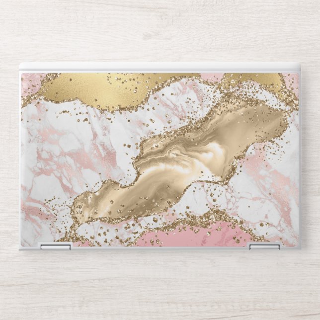 Pink White Golden Mauve Glitter Marbled Agate HP Laptop Skin (Front)