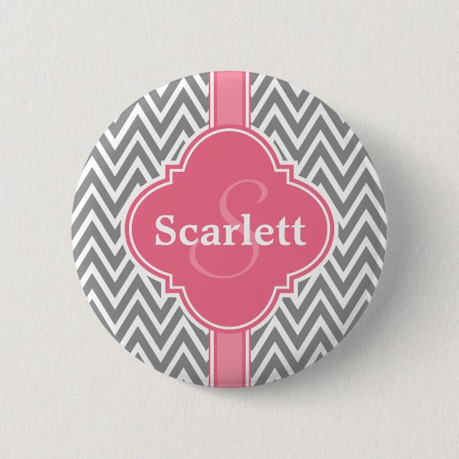 Pink White Gray Chevron Pattern and Monogram Button (Front)