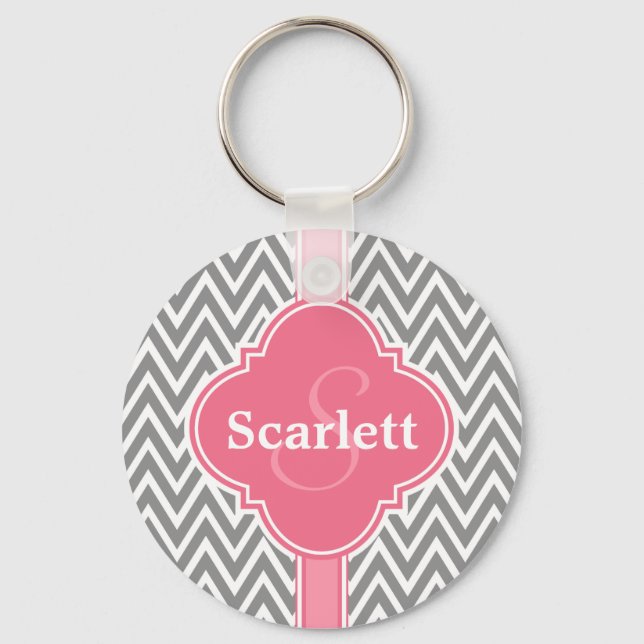 Pink White Gray Chevron Pattern and Monogram Keychain (Front)