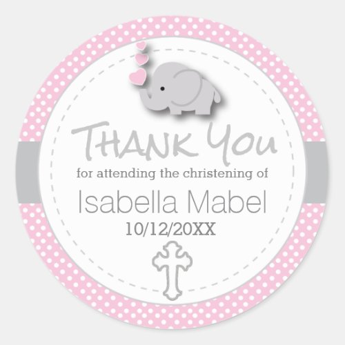 Pink White Gray  Elephant Baby Christening Classic Round Sticker