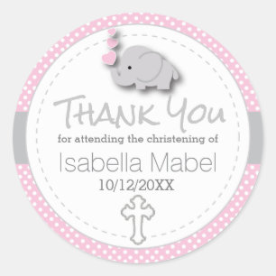 Pink, White Gray 🐘 Elephant Baby Christening Classic Round Sticker